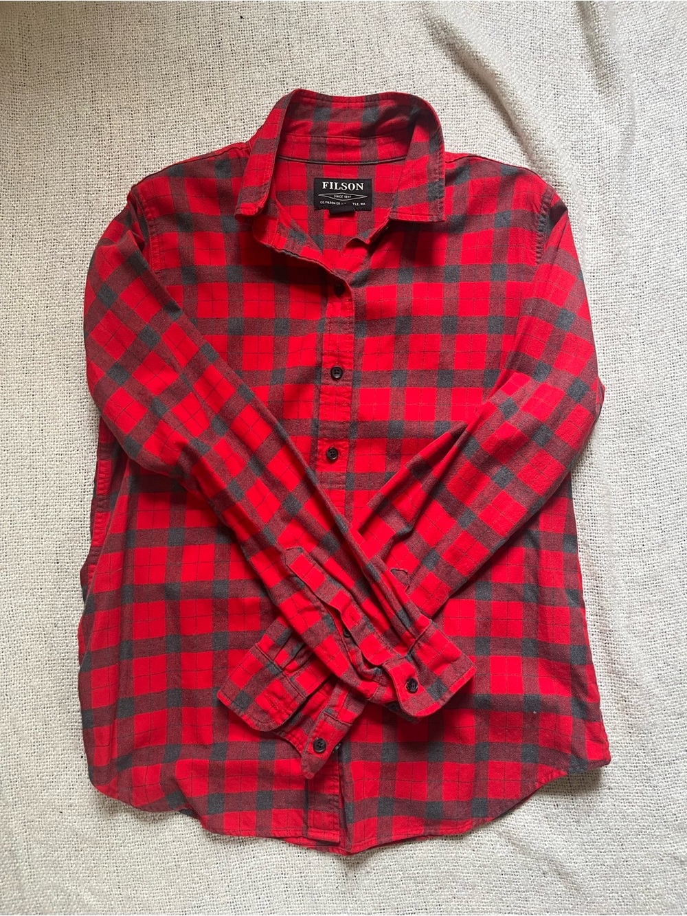 Filson Red and Black Plaid Button-Down Flannel Shirt